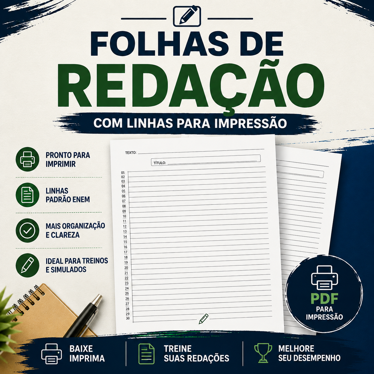 Folhas de Redação com linhas para impressão